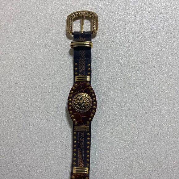 ST MAARTEN Dallas Leather Belt W/Gold Studs & Gold-Tone Lion Head Medallion main image 4
